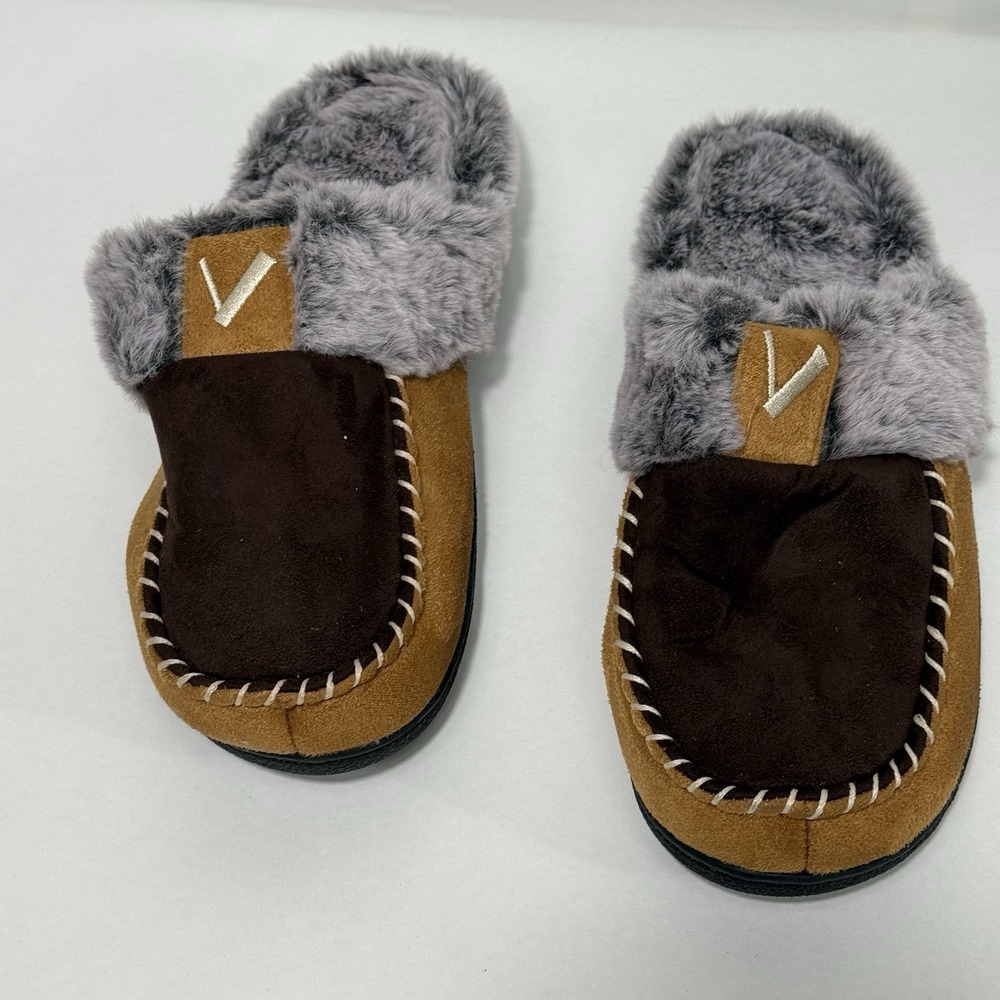 Women Moccasin Slippers Brown Suede Faux Fur Lined House Shoes Clog Mules Sz 7/8